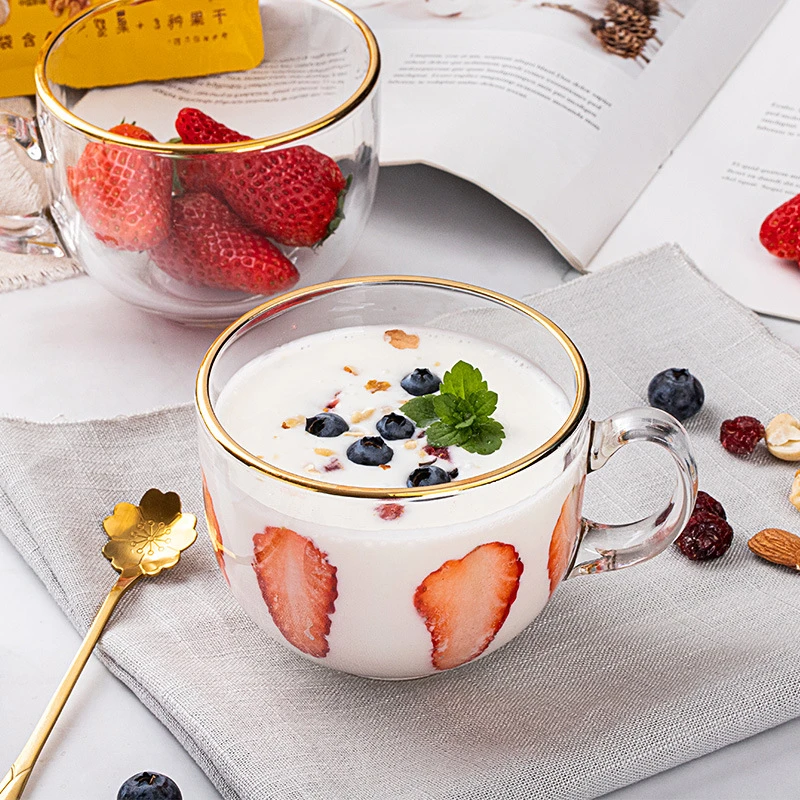 金边早餐杯大容量家用ins玻璃水杯带把牛奶玻璃咖啡燕麦杯子批发