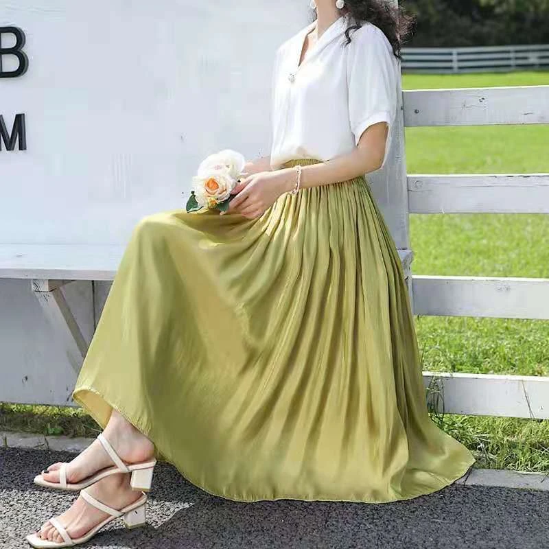 春夏甜美半身裙纯色珠光亮面A字裙缎面垂坠感大摆百褶裙高腰长款
