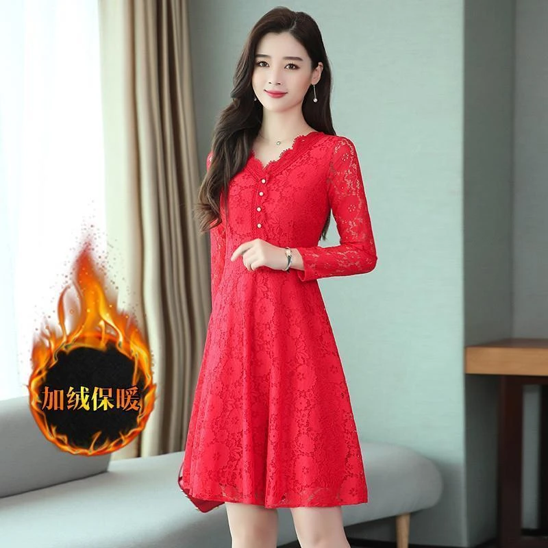 短袖/长袖 蕾丝连衣裙春秋季韩版大码加绒洋气时尚遮肚显瘦A字裙