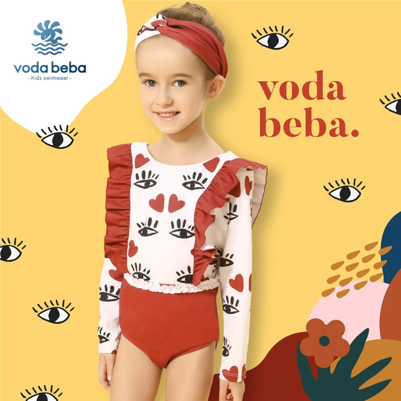 VODA BEBA女童泳衣复古连体儿童女小童中大童12岁公主可爱防晒