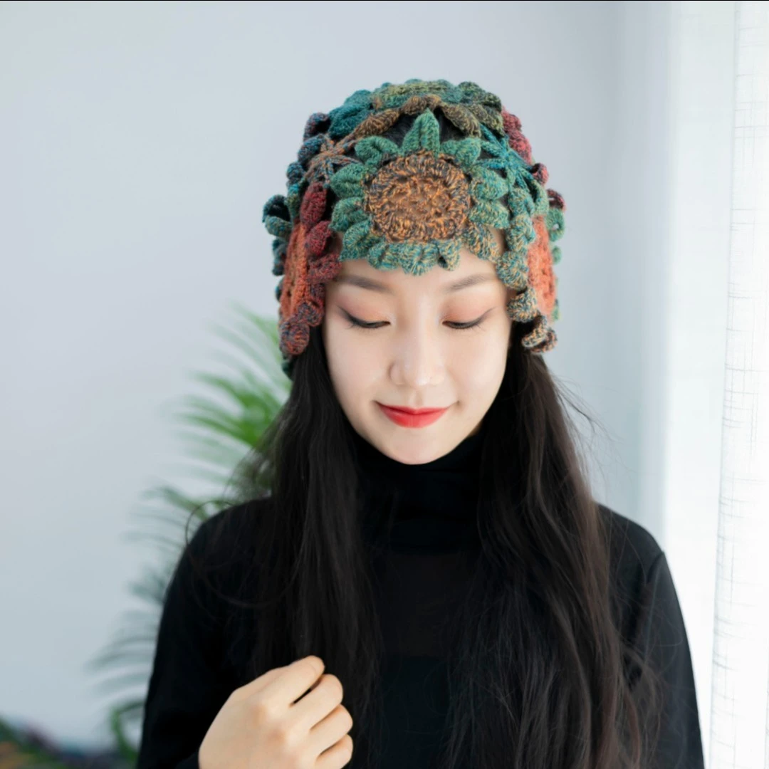 向日葵筒帽材料（2团线、视频、钩针）非成品