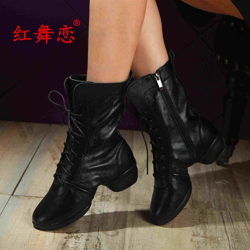红舞恋真皮舞蹈靴女成人软底广场舞鞋新款水兵舞靴水兵舞鞋秋冬3