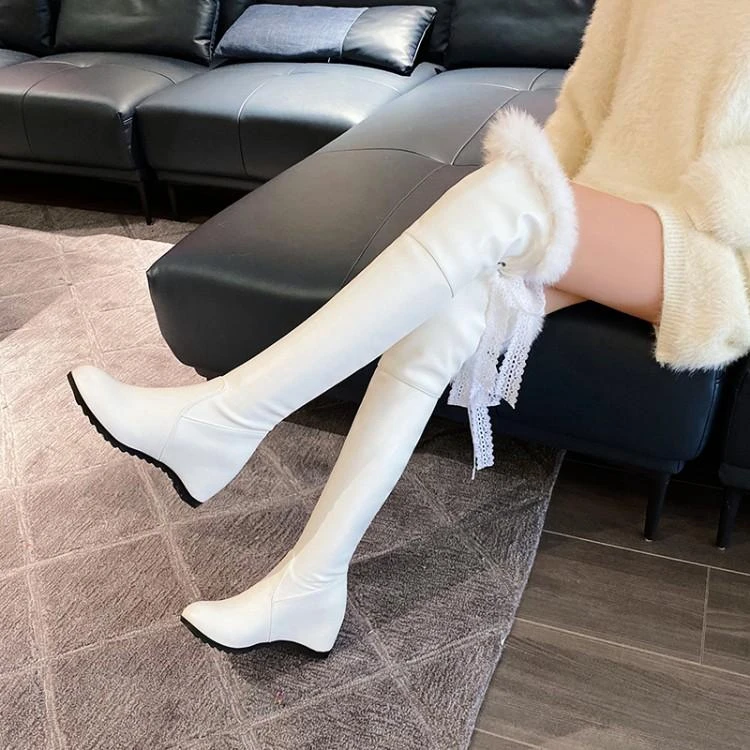 冬款女鞋白色靴子女内增高高跟过膝长靴厚绒毛靴棉靴大码女靴 GT