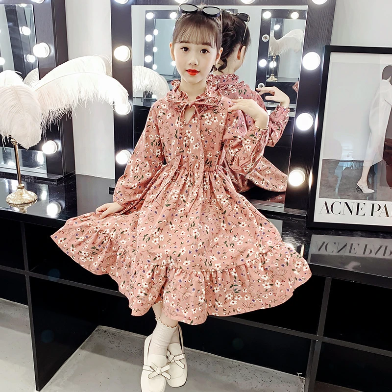 女童长袖连衣裙2025新款春秋洋气女孩碎花长裙加厚磨毛淑女裙子潮