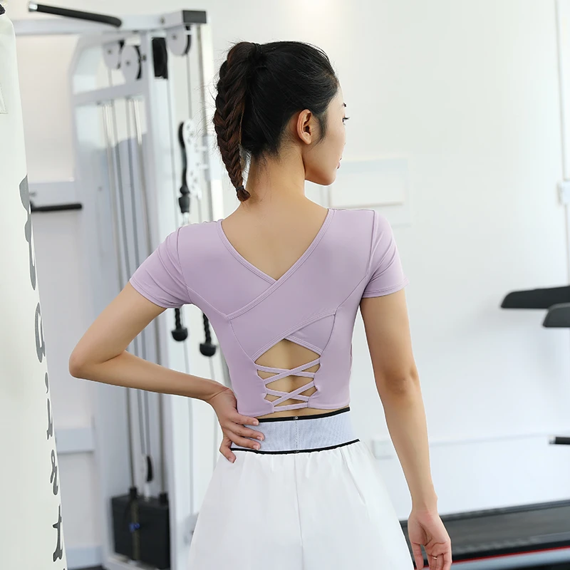 822短袖性感交叉美背运动女露脐短款速干上衣带胸垫健身服瑜伽T恤