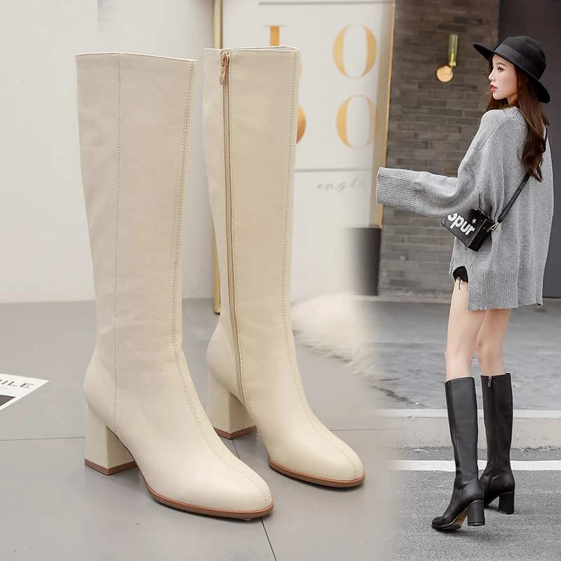 送运费险！时尚真皮不过膝粗跟长靴女秋冬季牛皮腿粗瘦腿高筒靴子