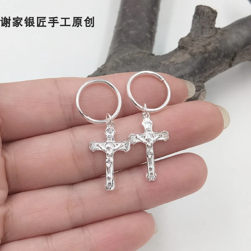谢家银匠 足银耳饰 十字个性耳环女    男女耳圈耳坠素款简约潮流