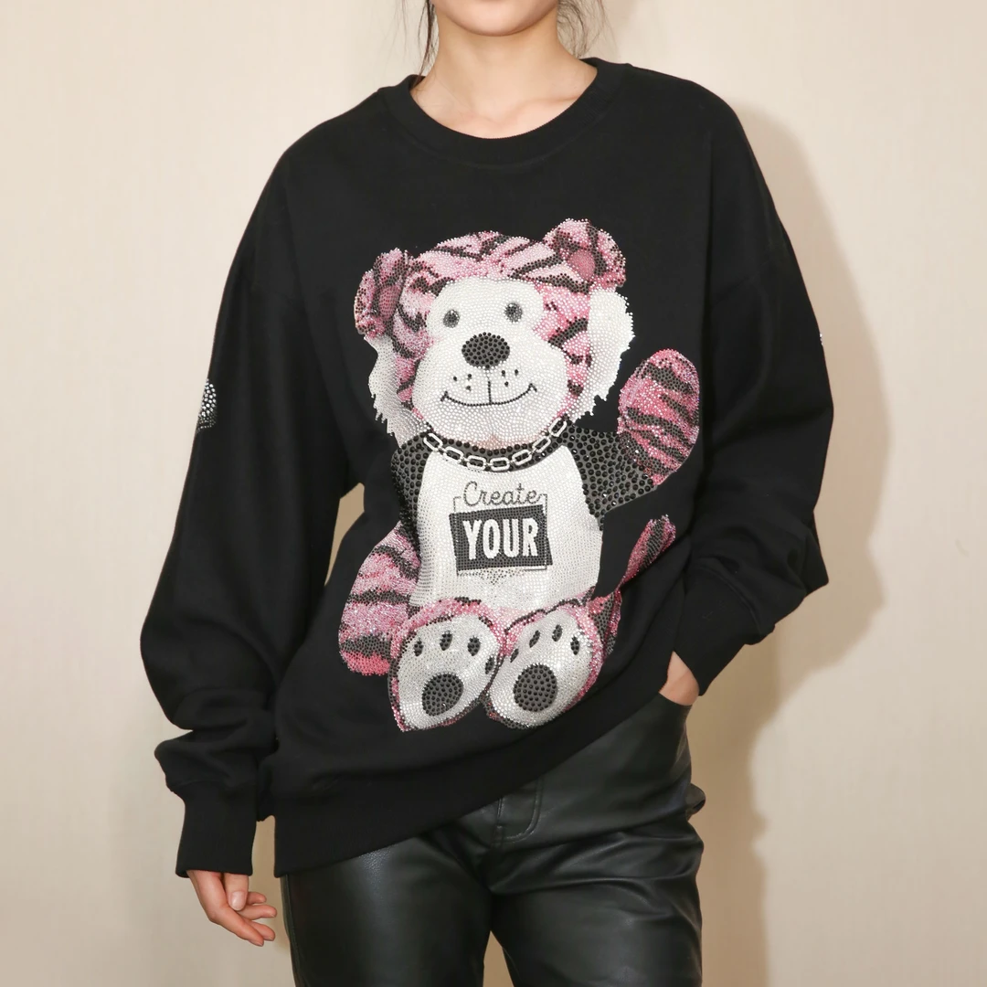 潮牌-TECHNO CHILLOUT HOUSE潮牌项链熊烫钻宽松卫衣T21311C6906