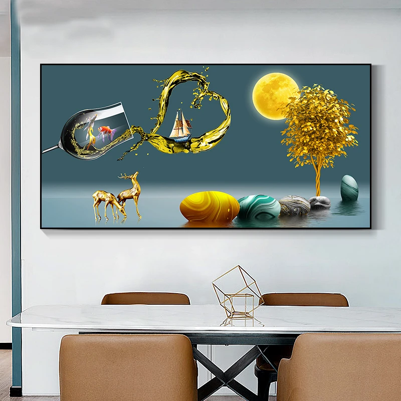 现代简约餐厅装饰画中式歺厅餐桌背景墙挂画招财九鱼图饭厅墙壁画