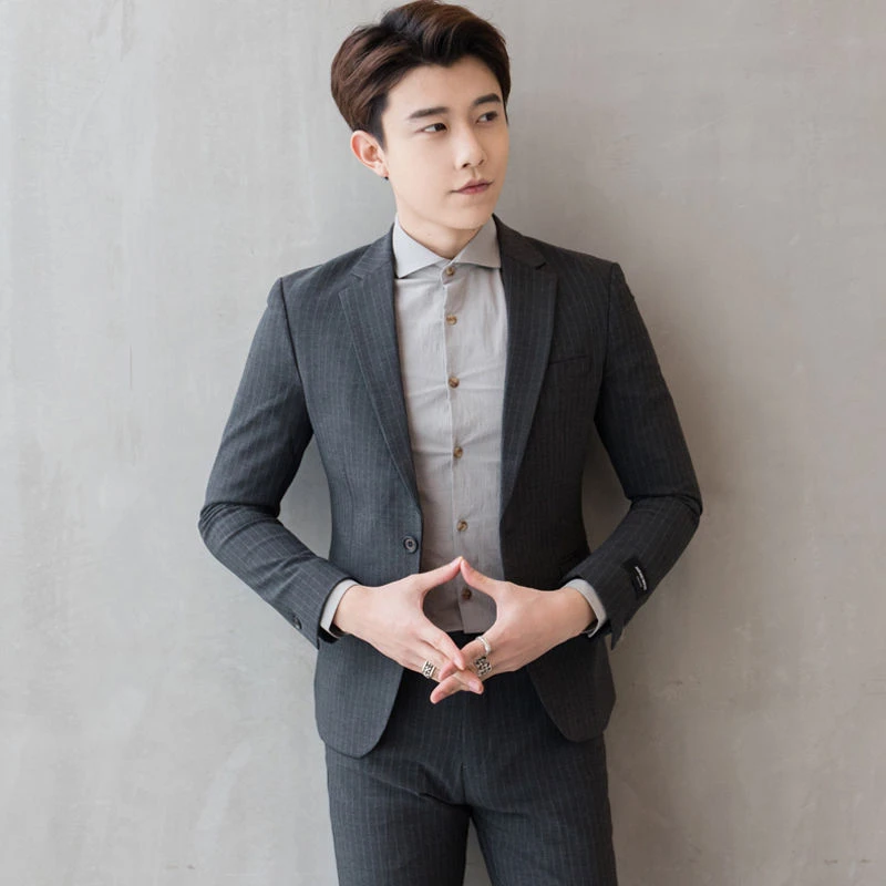 西服套装男士青年韩版修身帅气条纹西装男休闲正装英伦风商务潮流