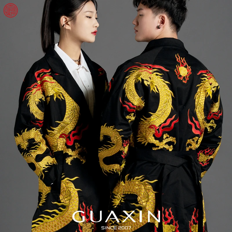 【古阿新国潮】原创中国风刺绣金龙风衣宽松潮流个性中式长款大衣