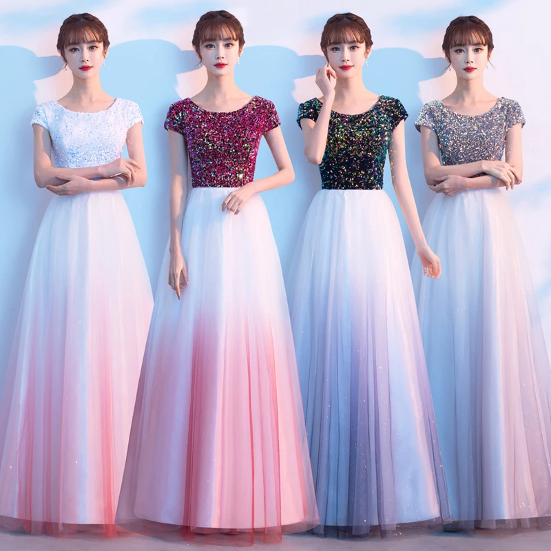 大合唱团演出服宴会成人女气质蓝色连衣裙长款晚礼服舞台主持人