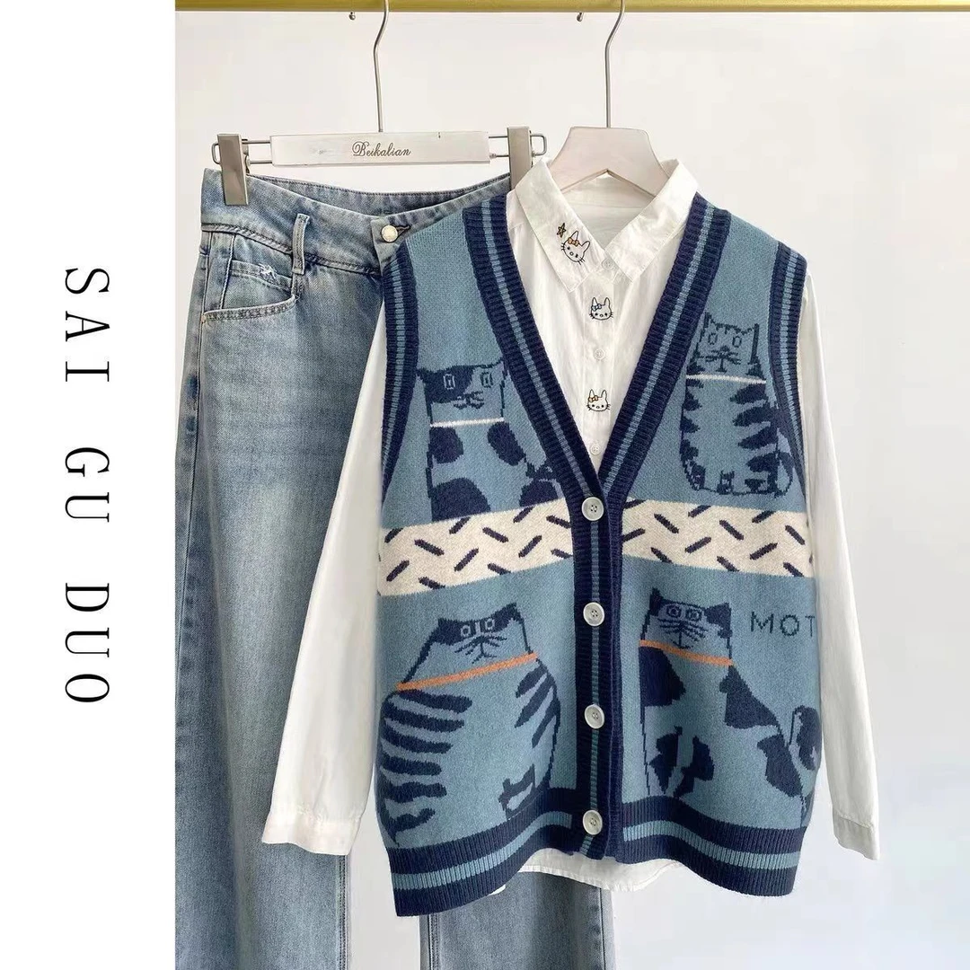 环肥燕瘦猫猫v领针织开衫马甲背心女2025春秋新款外搭毛衣坎肩潮