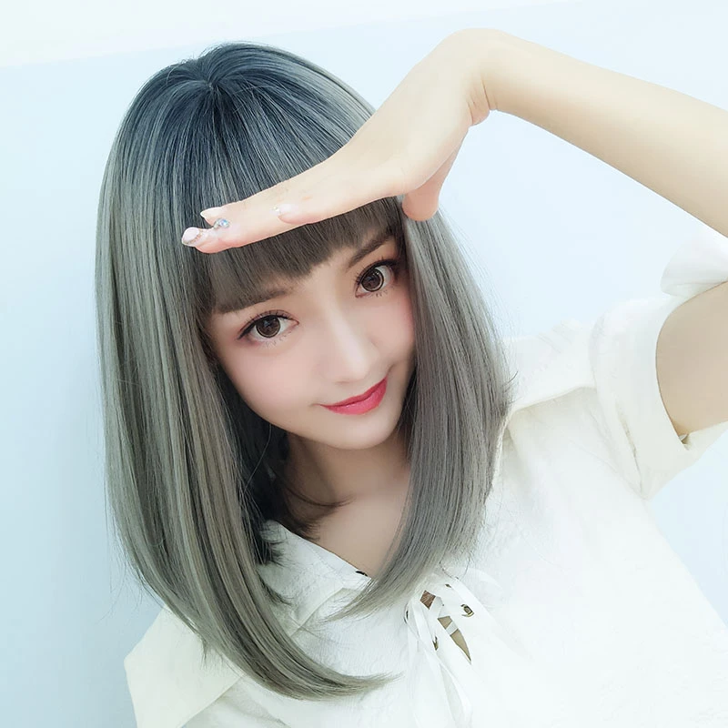 黛秀假发女二次元狗啃刘海中长锁骨发时尚齐肩减龄亚麻灰整顶发套