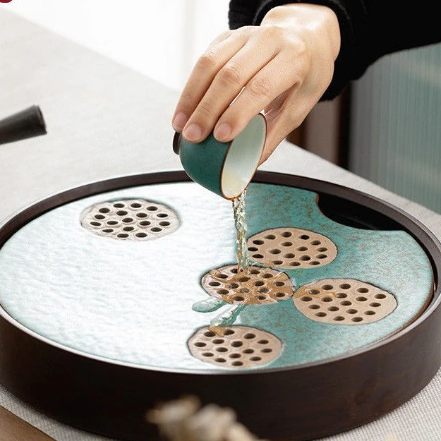 家用时尚干泡台茶盘陶瓷面竹制储水盘轻奢实用茶台圆形干泡盘茶海