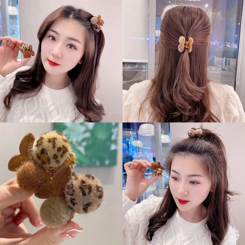 非金属亚克力发饰 毛球豹纹抓夹毛绒发夹后脑勺高级感发卡刘海夹
