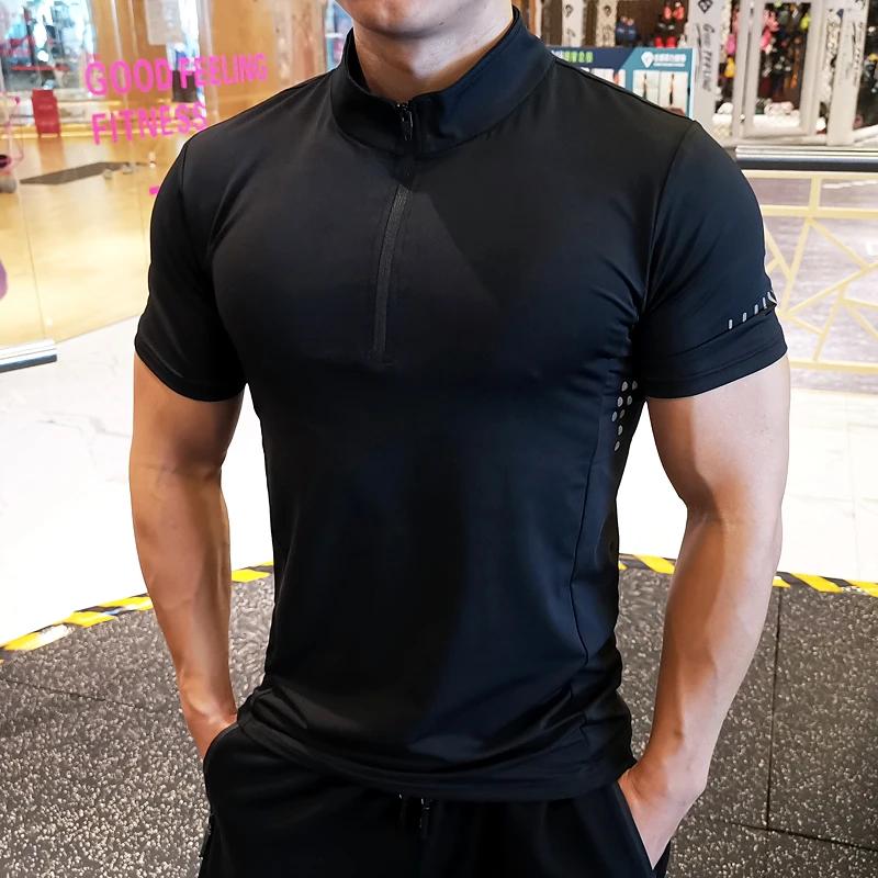 健身服男士透气弹力速干衣运动跑步训练服立领修身短袖私人教练服