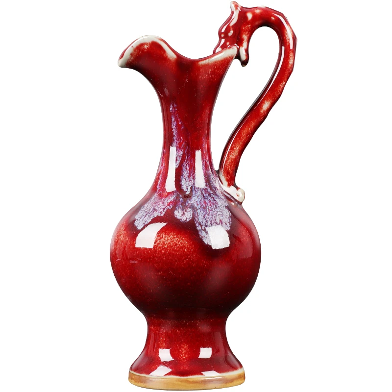 景德镇手工仿古创意窑变钧瓷送木底座工艺品花瓶摆设中国红陶瓷器