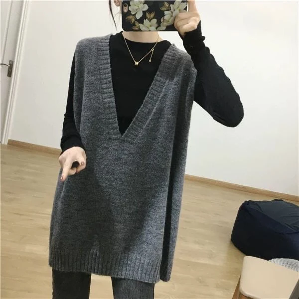 中长款针织马甲遮屁股外穿韩版简约休闲宽松毛衣女百搭背心上衣