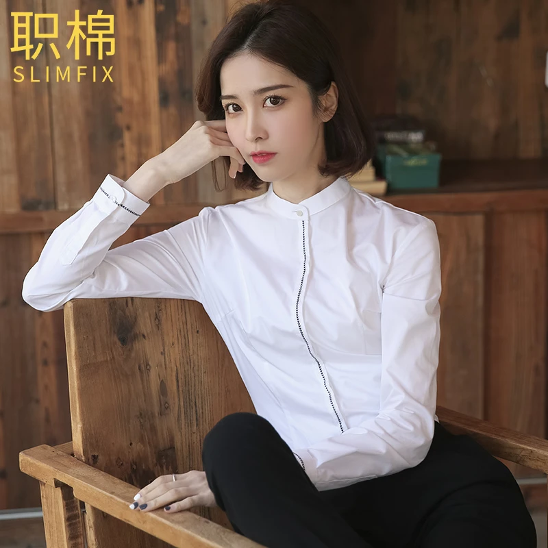 职棉设计感小众上衣白色白衬衫女长袖2021年春秋秋冬职业圆领立领