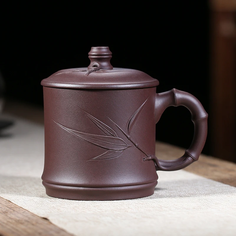 宜兴紫砂杯老紫泥茶水杯手工泡茶杯带盖喝水男士竹节办公家用茶具