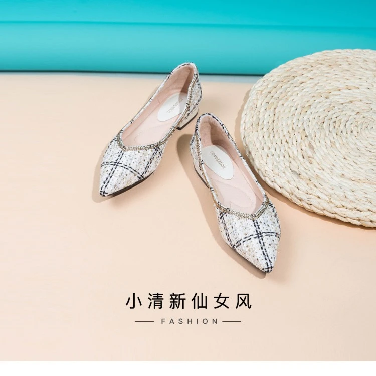 【店】低跟气质软底百搭平底单鞋尖头浅口格纹仙女女鞋FB11111001