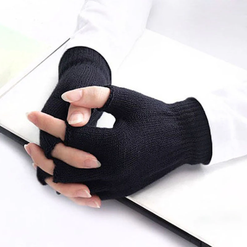 秋冬季针织毛线半指手套男女士保暖手套薄款半截露指学生手套冬天