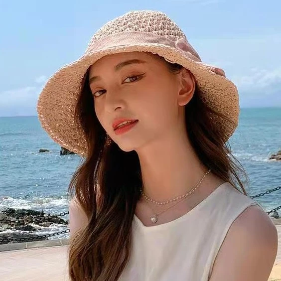 草帽女蝴蝶结编织海边渔夫帽潮遮脸太阳帽遮阳防晒帽子