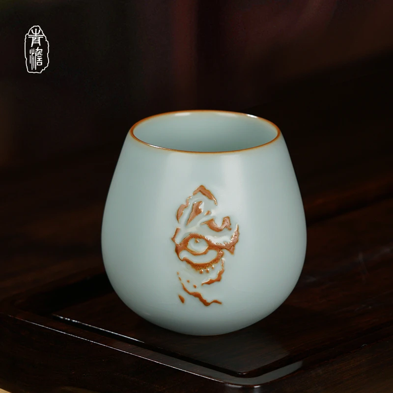 青澹金睛杯220ml景德镇大号汝窑主人杯虎年生肖杯茶杯