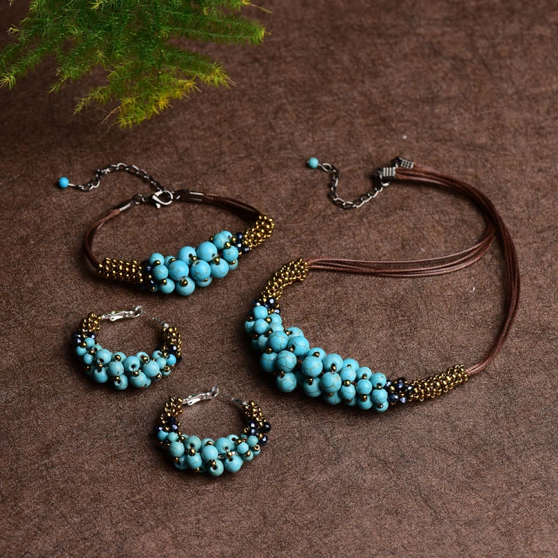 合金布艺项链 民族风手工蓝色饰品配饰时尚大气锁骨链可调长短女