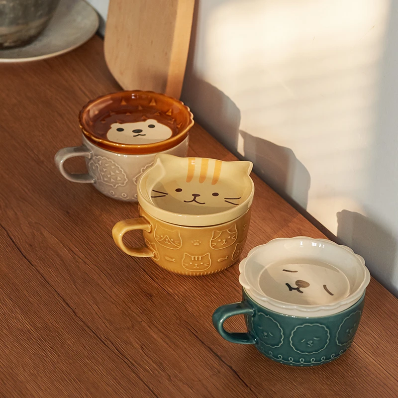 肆月灵巧马克杯带盖家用陶瓷喝水杯子女生酸奶可爱卡通早餐咖啡杯