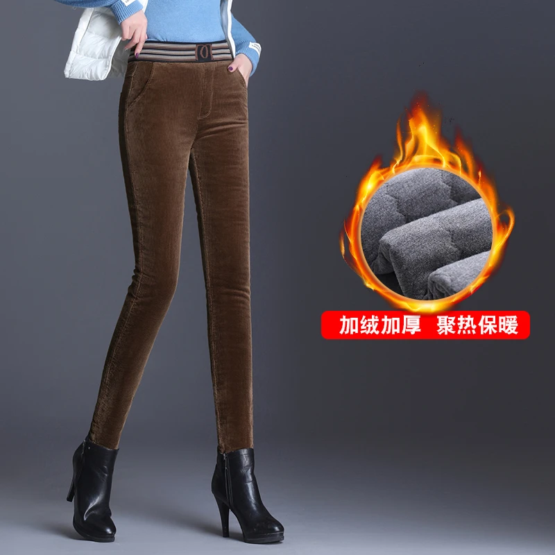 加绒加厚打底裤女外穿冬季高腰中老年灯芯绒裤子保暖大码小脚裤
