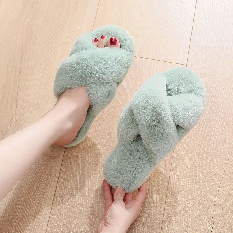 加长毛绒 交叉毛毛拖鞋女冬季室内空调房耐磨加厚鞋底冬季保暖