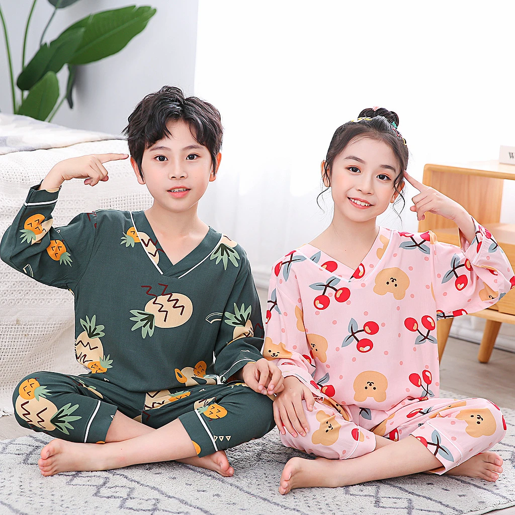 儿童睡衣夏季薄款小孩空调服绵绸家居服套装棉绸纯色印花