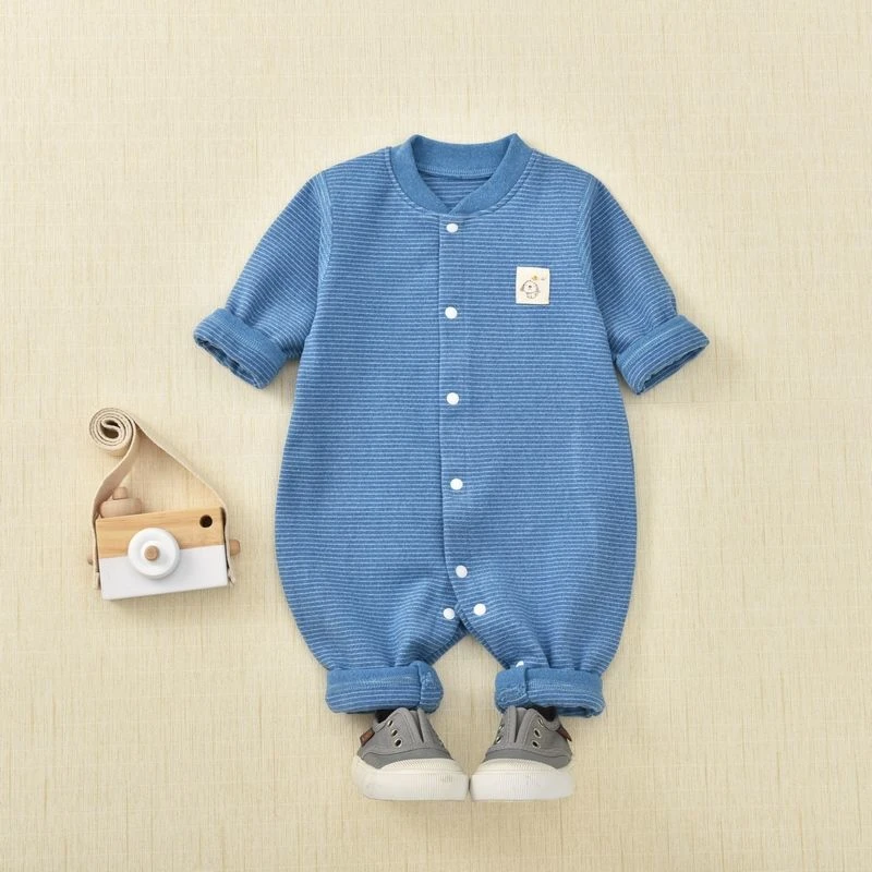 新款婴儿德绒连体衣宝宝条纹哈衣无骨爬服秋冬季新生儿童保暖睡衣