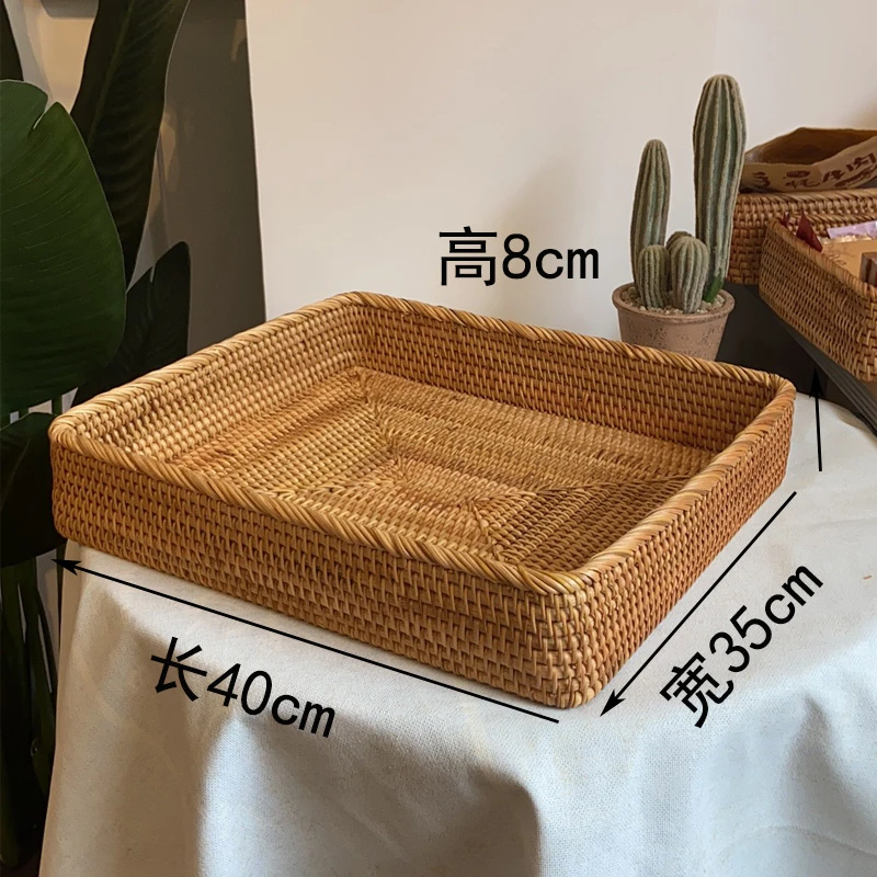 秋藤美越南藤编织 40*35*8包边方形托盘大号客厅水果篮面包篮家用