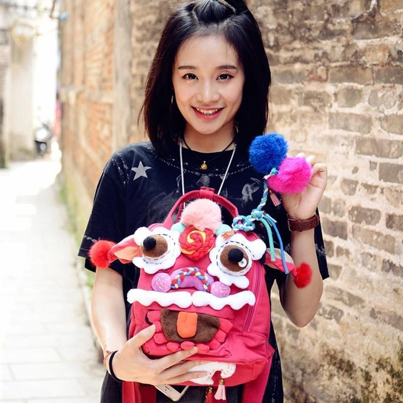 芽小七原创设计手工中国风醒狮帆布双肩高中书包小背包ins女潮