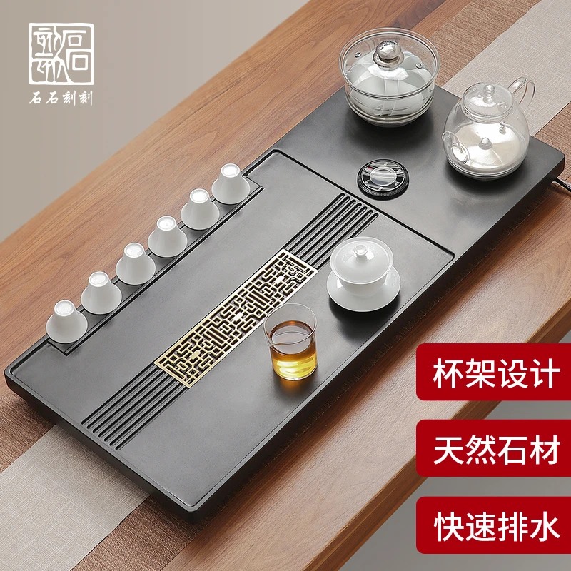 石石刻刻整块天然乌金石头茶盘带烧水壶一体自动上水茶台茶具套装