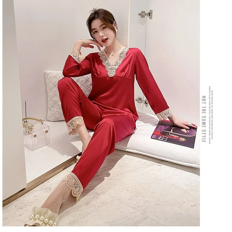 V领家居服套装红色大码女士睡衣性感大码睡衣睡裙