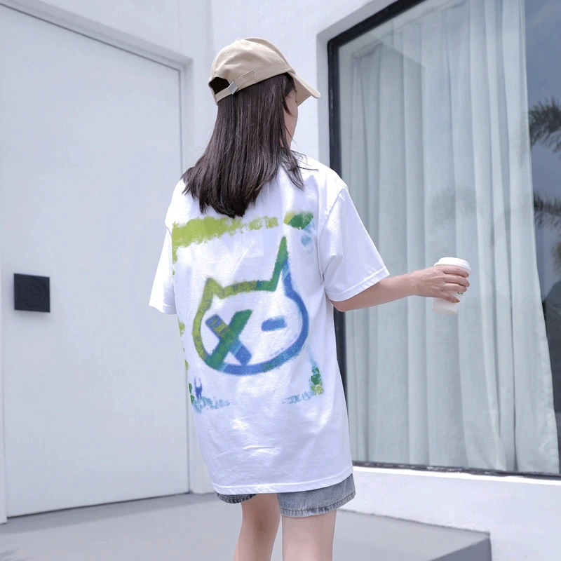 VOGTEE原创设计水彩猫logo重磅全棉宽松圆领短袖t恤潮牌美式街头