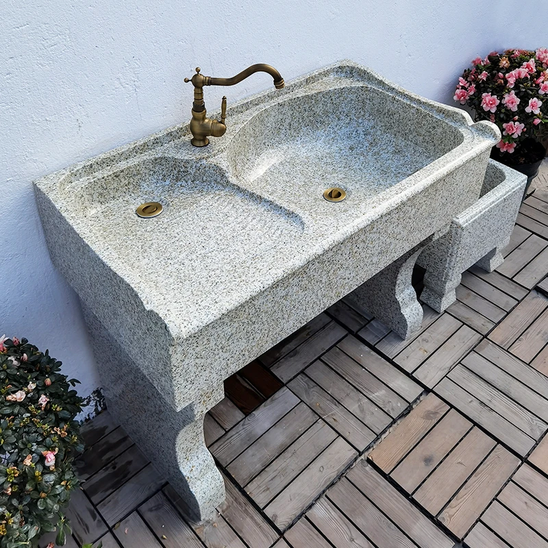 石头洗衣池家用阳台花岗岩大理石一体整石落地水池带搓衣板洗衣槽