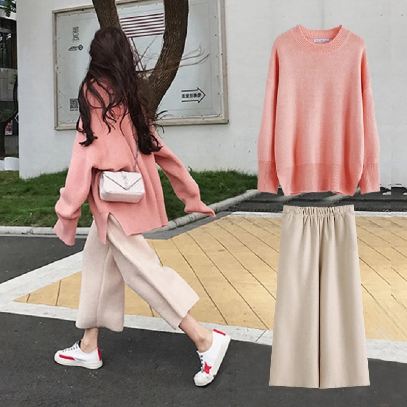大码女装时尚减龄针织套装秋季毛衣阔腿裤两件套宽松保暖外出冬装