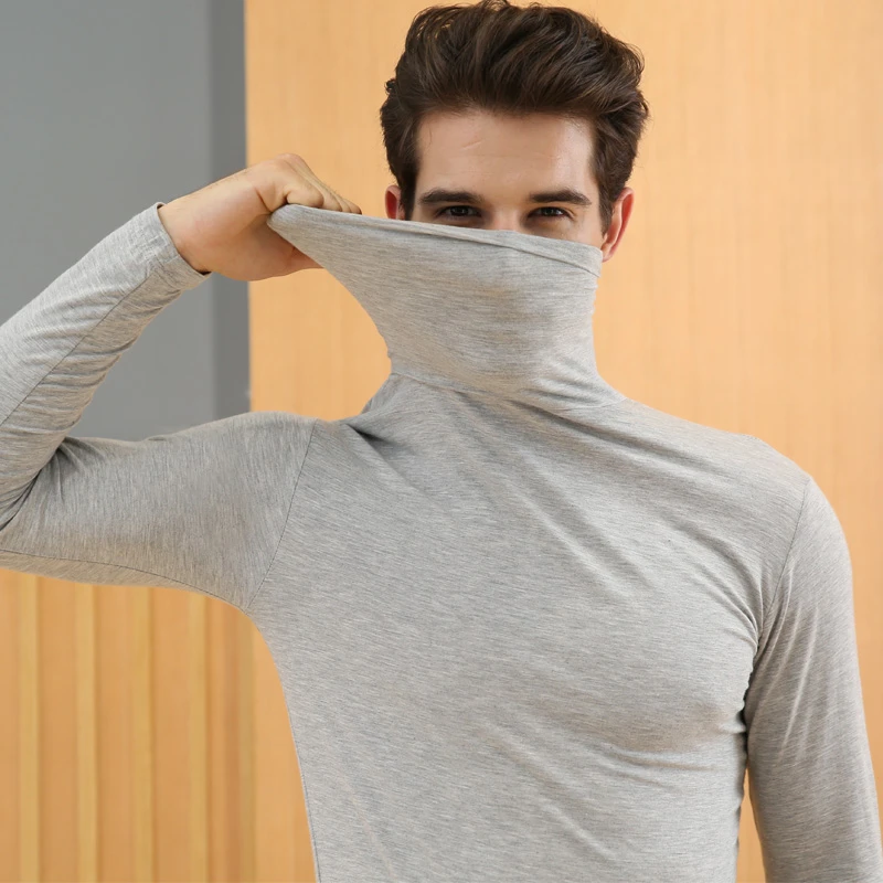 男士高领秋衣保暖内衣打底衫莫代尔修身薄款长袖上衣男单件衬衣