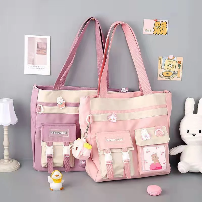 撞色多功能帆布包女斜挎包大容量学生上课手提书袋补课装书单肩包