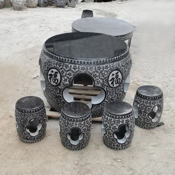 石桌石凳青石石雕镂空圆形仿古桌椅天然大理石家用石头桌户外摆件