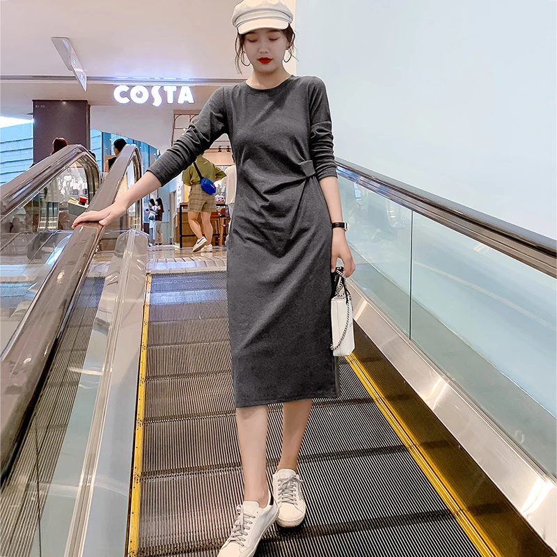 早秋款女装潮洋气休闲收腰开叉大码心机连衣裙