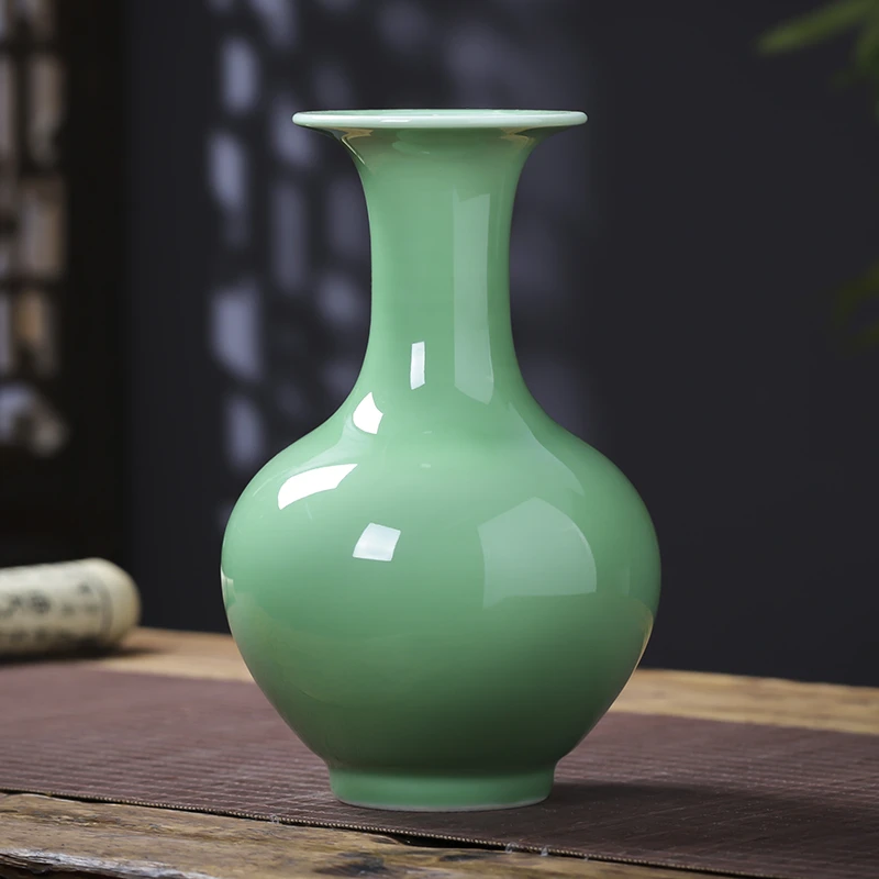 鸿轩景德镇花瓶陶瓷器摆件客厅青釉插花新中式家居客厅酒柜装饰品