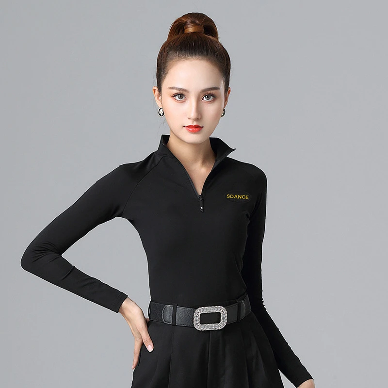 拉丁舞秋冬新款拉链小高领摩登舞蹈练功服健身女士时尚长袖跳舞服