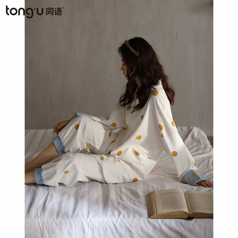 同语新款睡衣女春秋季休闲纯棉长袖波点家居服可外穿中长款套装