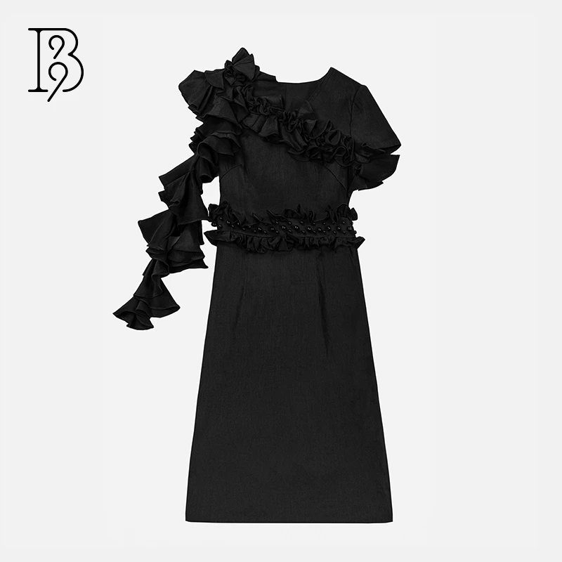 【B99官方旗舰店】女装黑色黑色长裙收腰纯色花褶连衣裙FGWDS00049